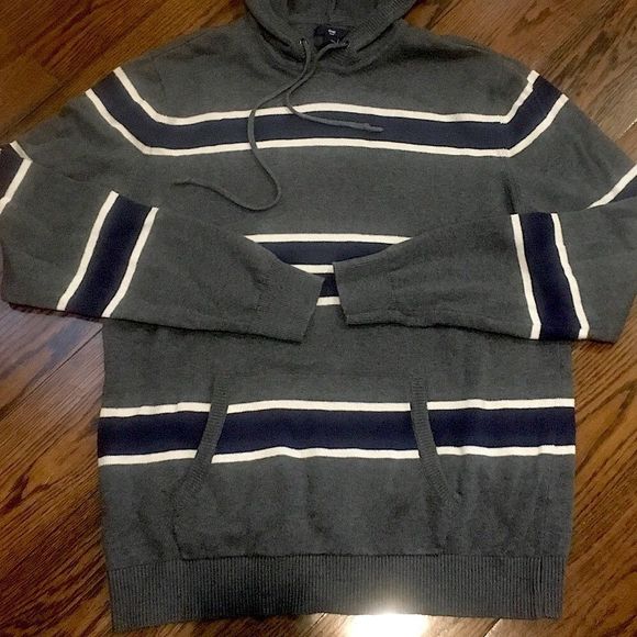 GAP Mens Charcoal Grey Knit Hooded Stripe Sweater with Front Pockets Sz Large - Picture 7 of 8